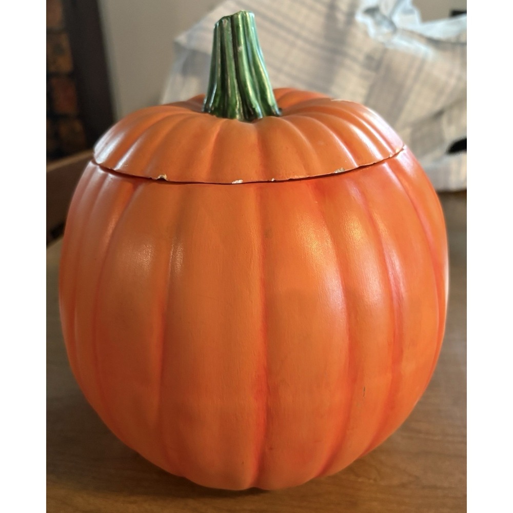 Vintage‎ 1970' Ceramic Pumpkin Hand painted Vibrant Orange& Green Solid & Heavy